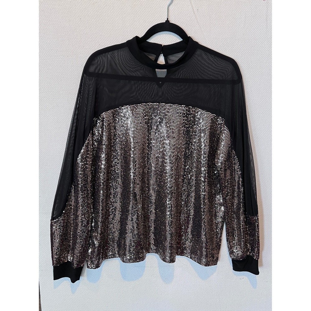 Nine West Sequin Mesh Top Black Gold Long Sleeve Party Evening Blouse Size M NWT